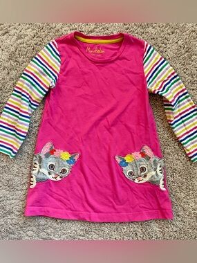 Mini Boden Rainbow Sleeve Kitty Cat Appliqué Dress